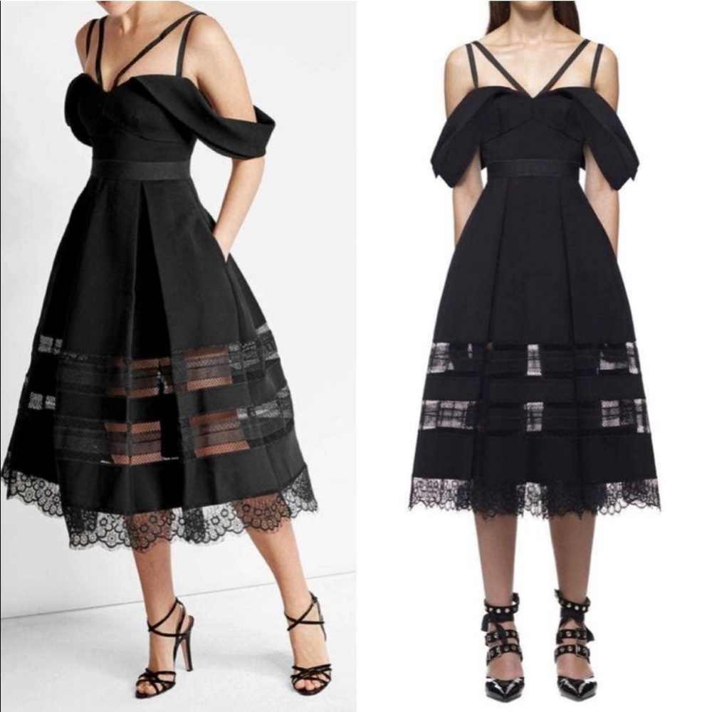 Self-Portrait Black Draped Crepe Lace Trim Fit & Flare Midi Dress $595 Size 4